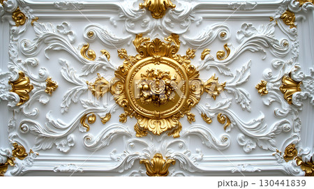 Elegant Rococo white and gold floral relief design showcasing ornate craftsmanship and detail 130441839