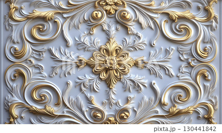 Decorative Rococo floral relief in gold and white capturing Baroque elegance and artistry Decorative Rococo floral relief in gold and white capturing Baroque elegance and artistry 130441842