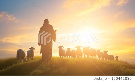 Jesus Christ leads sheep in a serene pastoral landscape at sunset while praying Jesus Christ leads sheep in a serene pastoral landscape at sunset while praying 130441850