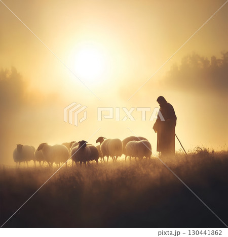 Shepherd guiding sheep at dawn while offering prayers in a serene landscape 130441862