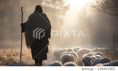 Shepherd Jesus Christ leading the flock of sheep through a misty morning landscape Shepherd Jesus Christ leading the flock of sheep through a misty morning landscape 130441865