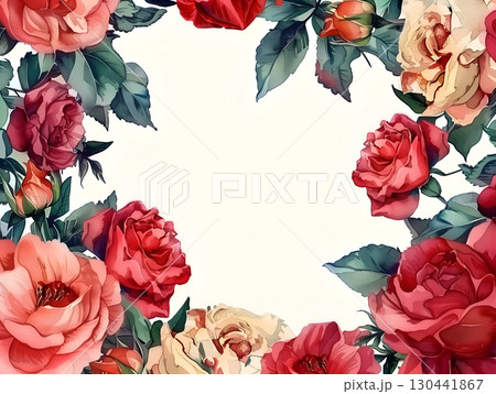 Colorful watercolor illustration of roses framing a heartfelt Valentine's Day card design Colorful watercolor illustration of roses framing a heartfelt Valentine's Day card design 130441867