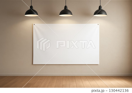 Large blank white banner hanging on beige wall illuminated by three black pendant lamps in modern room for advertising, branding, presentations, design mockups, empty template 130442136