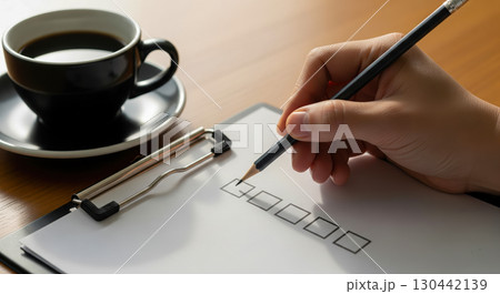 Hand ticking checkbox on checklist with pencil, business survey and planning concept, person filling out form on clipboard with coffee on desk. Hand ticking checkbox on checklist with pencil, business survey and planning concept, person filling out form on clipboard with coffee on desk. 130442139