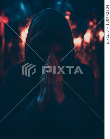 Person praying in a dimly lit environment surrounded by warm candlelight during evening hours 130442204