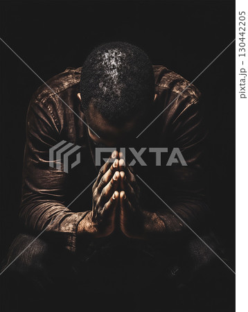 A person praying quietly in a dark space, reflecting deep thoughts and inner peace 130442205