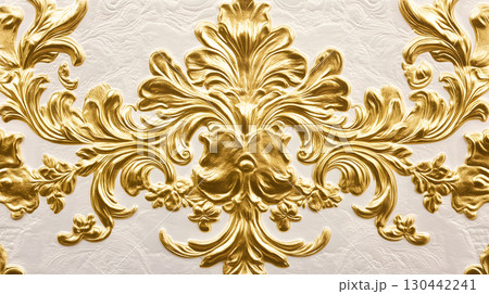 Decorative Rococo white and gold floral relief design for elegant interior settings 130442241