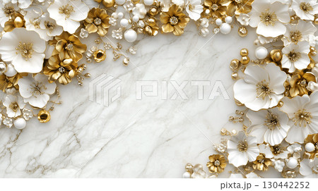 Elegant Rococo white and gold floral relief design on a marble background ideal for decor Elegant Rococo white and gold floral relief design on a marble background ideal for decor 130442252