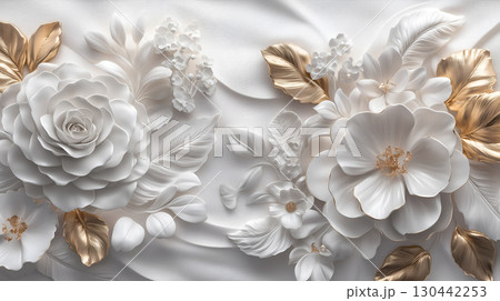 Intricate Rococo white and gold floral relief decoration with vivid detailing 130442253