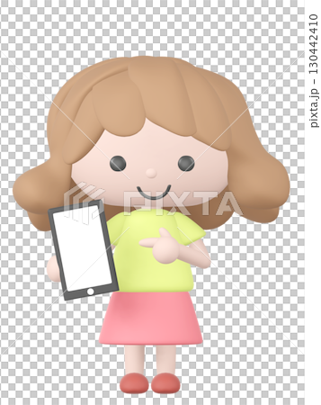 3D illustration of a girl pointing at a smartphone 3D illustration of a girl pointing at a smartphone 130442410