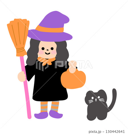 魔女の仮装をした女の子と黒猫のかわいいハロウィンアイコン 130442641