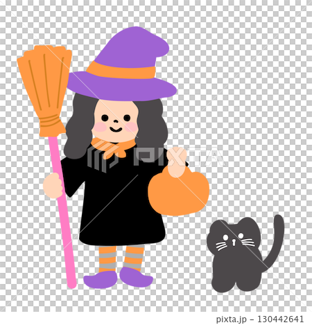 魔女の仮装をした女の子と黒猫のかわいいハロウィンアイコン 130442641