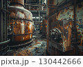 Rusty abandoned industrial tanks inside an old decaying factory hall with metal and corrosion textures.  130442666