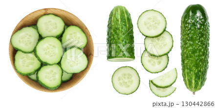 Sliced cucumber in wooden bowl isolated on white background with full depth of field. Top view. Flat lay. 130442866