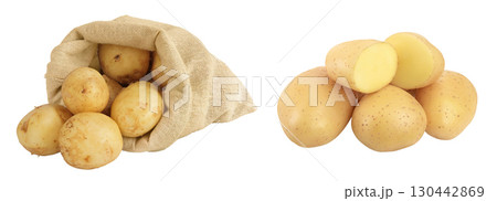 young potato slices in a wooden bowl isolated on white background. Harvest new young potato slices in a wooden bowl isolated on white background. Harvest new 130442869