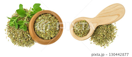 Oregano or marjoram leaves fresh and dry in wooden bowl and spoon isolated on white background Oregano or marjoram leaves fresh and dry in wooden bowl and spoon isolated on white background 130442877