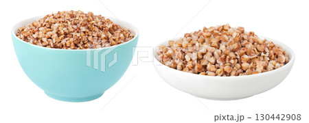 Boiled buckwheat in a ceramic bowl isolated on white background Boiled buckwheat in a ceramic bowl isolated on white background 130442908