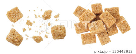 brown sugar cubes isolated on white background. Top view, flat lay 130442912