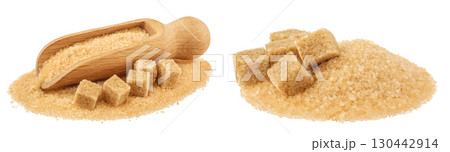 Pile of brown granulated sugar and sugar cubes in wooden scoop isolated on white background. 130442914