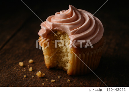 Single cupcake with bite revealing cake inside and swirl frosting on top in dim lighting 130442931