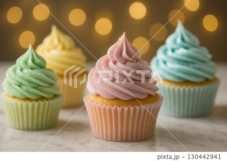 Group of four cupcakes with pink, green, yellow, and blue frosting swirls in row setting Group of four cupcakes with pink, green, yellow, and blue frosting swirls in row setting 130442941