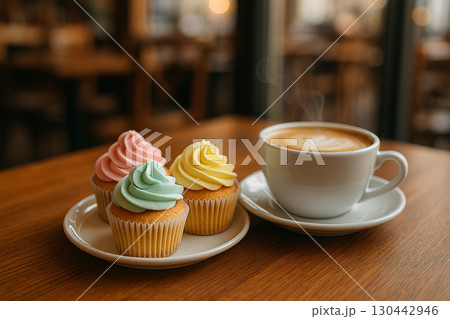 Wooden table with coffee cup and pastel cupcakes arranged in cozy warm cafe setting 130442946