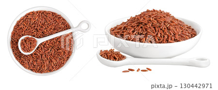 red rice in a ceramic bowl isolated on white background. Top view. Flat lay red rice in a ceramic bowl isolated on white background. Top view. Flat lay 130442971