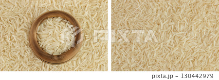 rice basmati in wooden bowl as a background. Top view. Flat lay rice basmati in wooden bowl as a background. Top view. Flat lay 130442979