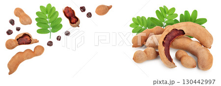 Tamarind fruit with leaf and seed isolated on white background with copy space for your text. Top view. Flat lay Tamarind fruit with leaf and seed isolated on white background with copy space for your text. Top view. Flat lay 130442997