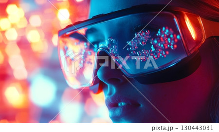 A futuristic figure wearing high-tech glasses showcases vibrant neon lights in the background. This image explores the intersection of technology and human experience. Generative AI 130443031