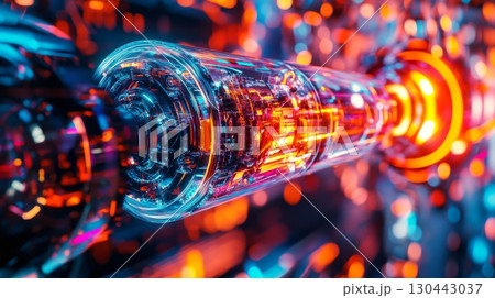 Explore the vibrant colors of technology in this stunning visual. A close-up of a futuristic object showcases lights and materials in harmony. Captivating design. Generative AI 130443037