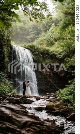 A romantic couple stands hand in hand by a stunning waterfall. The lush greenery surrounds them creating a beautiful atmosphere. A perfect backdrop for love. Generative AI 130443088