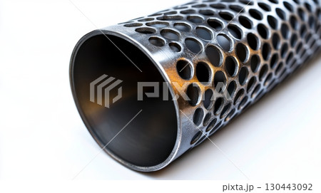Close up of a metallic pipe featuring a unique perforated design. Observe the intricate patterns and textures. Perfect for industrial themes and design projects. Generative AI 130443092