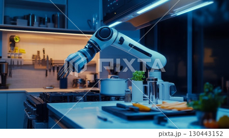 A futuristic kitchen robot is actively preparing meals. Advanced technology redefines cooking. Embrace innovation in culinary experiences. Generative AI 130443152