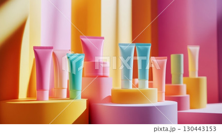 Vibrant skincare products displayed creatively on colorful geometric backgrounds. The playful arrangement emphasizes beauty and style. A modern touch for any cosmetic brand. Generative AI 130443153