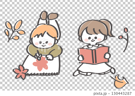 Children enjoying drawing and reading in autumn 130443287
