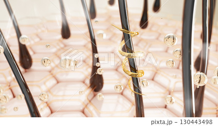 Scalp with hair, gold oil drops and liquid spiral line. Skin cells with hexagon pattern, yellow honey mask, gel serum, keratin care shampoo, biotin vitamin. Cosmetic beauty product ad. 3D illustration Scalp with hair, gold oil drops and liquid spiral line. Skin cells with hexagon pattern, yellow honey mask, gel serum, keratin care shampoo, biotin vitamin. Cosmetic beauty product ad. 3D illustration 130443498