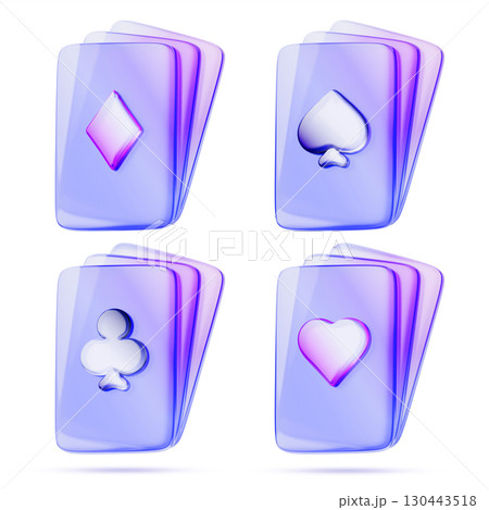 Neon casino poker cards 3d icon set. Glass holographic playing cards in purple blue colors. Render four suits - hearts, spades, diamonds, clubs. Deck stack or fan, hand blackjack game. 3D illustration 130443518