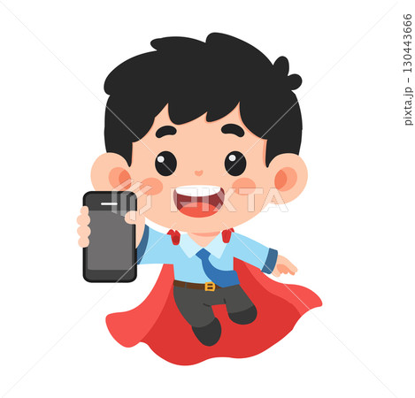 Cartoon Superhero Boy Holding a Smartphone flat Cartoon Superhero Boy Holding a Smartphone flat 130443666