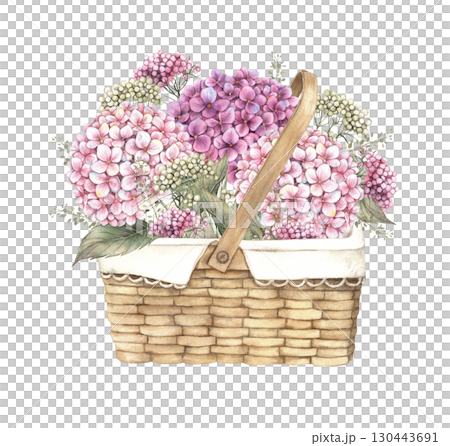 Basket with a large bouquet of hydrangea flowers, various small flowers and herbs. Watercolor botanical illustration, suitable for greeting cards, wedding design, invitations, packaging and floristry. 130443691