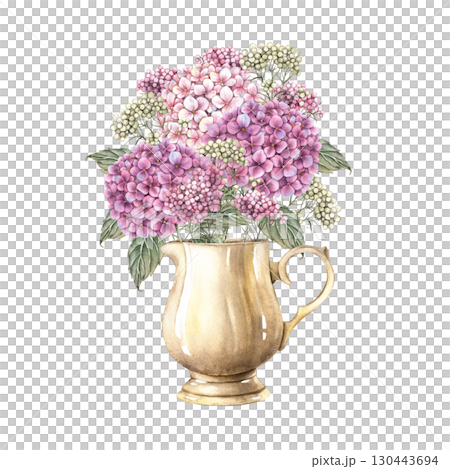 Large lush bouquet in a vase of pink hydrangea small flowers, dried flowers and green leaves. Watercolor botanical illustration. Suitable for greeting cards, wedding design, invitations, packaging. 130443694