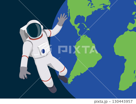 宇宙空間を浮遊する宇宙飛行士と地球背景　フラットデザイン、ベクターデータ 130443957