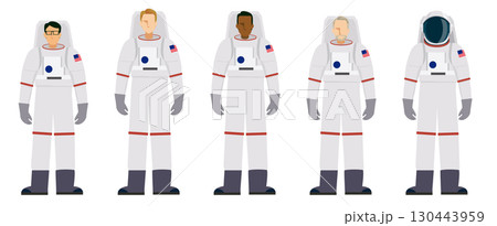 様々な人種の宇宙服を着た男性宇宙飛行士のフラットデザインイラストセット、ベクターイラスト、白い背景 様々な人種の宇宙服を着た男性宇宙飛行士のフラットデザインイラストセット、ベクターイラスト、白い背景 130443959