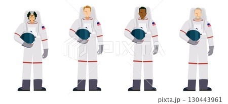 様々な人種の宇宙服を着たヘルメットを持つ男性宇宙飛行士のフラットデザインイラストセット、ベクター 様々な人種の宇宙服を着たヘルメットを持つ男性宇宙飛行士のフラットデザインイラストセット、ベクター 130443961