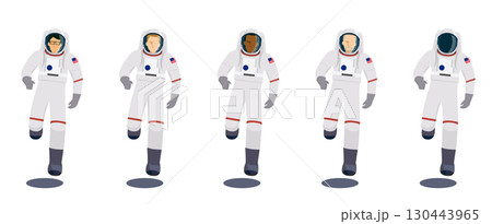 様々な人種の宇宙服を着た男性宇宙飛行士のフラットデザインイラストセット、ベクターイラスト、白い背景 様々な人種の宇宙服を着た男性宇宙飛行士のフラットデザインイラストセット、ベクターイラスト、白い背景 130443965
