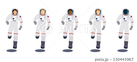 様々な人種の宇宙服を着た女性宇宙飛行士のフラットデザインイラストセット、ベクターイラスト、白い背景 130443967