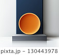 modern 3d podium mockup with bold yellow orange sphere on gray stage in a stylish showcase setting with dark blue vertical backdrop and elegant neutral background for product display presentation 130443978