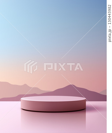 display podium soft pink reflective surface tranquil mountain background gradient sky dreamy pastel landscape product mockup template design showcase modern branding minimal 130443982