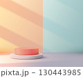 modern product display mockup with round pedestals in natural light against peach and blue background for branding, advertising and cosmetic showcase presentations 130443985