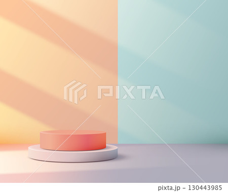 modern product display mockup with round pedestals in natural light against peach and blue background for branding, advertising and cosmetic showcase presentations 130443985